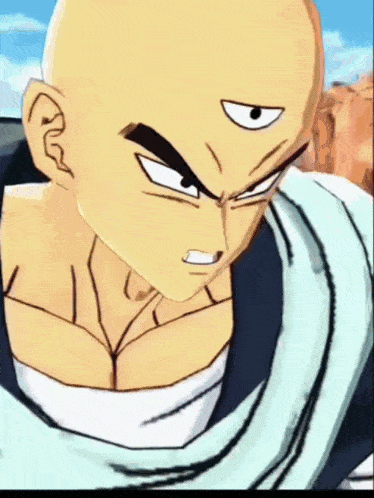 a close up of a bald cartoon character with one eye