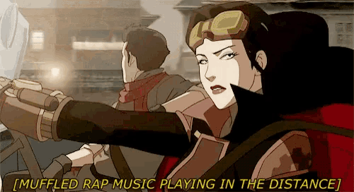 a cartoon of a woman driving a car with the words muffed rap music playing in the distance