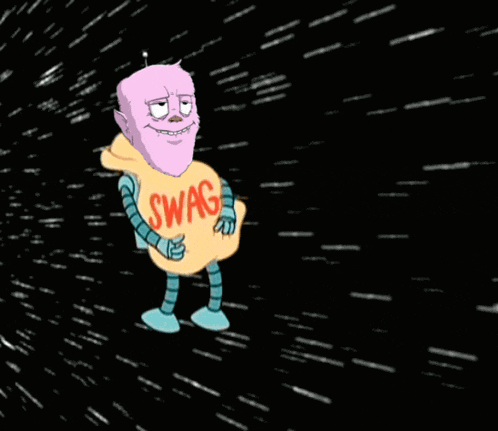 a cartoon character is wearing a yellow shirt that says " swag "
