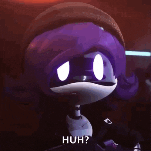 a close up of a cartoon character with purple hair and the words huh .