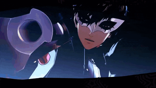 joker from the video game persona 5 is pointing a gun at the camera