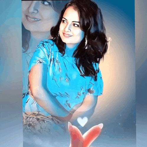 a painting of a woman in a blue shirt with a heart in her hands