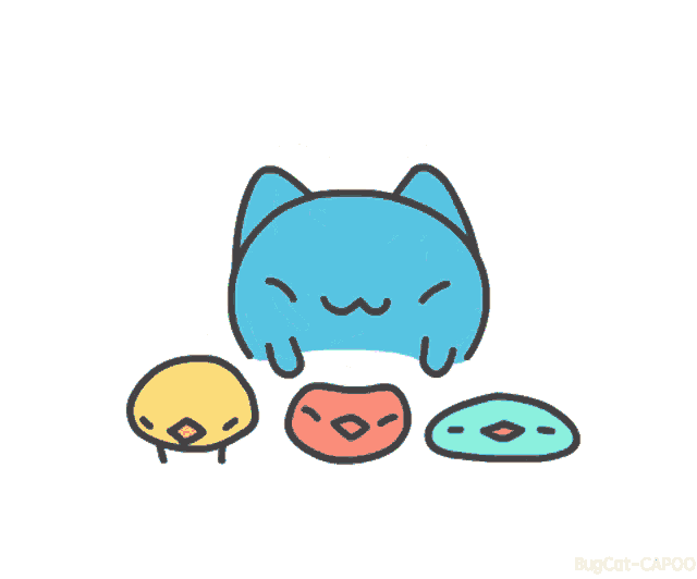 a cartoon drawing of a blue cat surrounded by colorful eggs with the letters bugcat-capoo on the bottom right