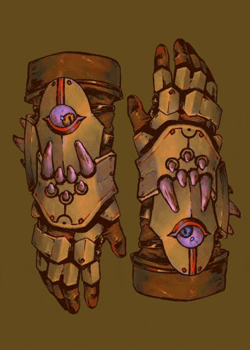 a drawing of a pair of armored gloves with a purple eye .
