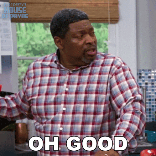 a man in a plaid shirt says oh good in a kitchen