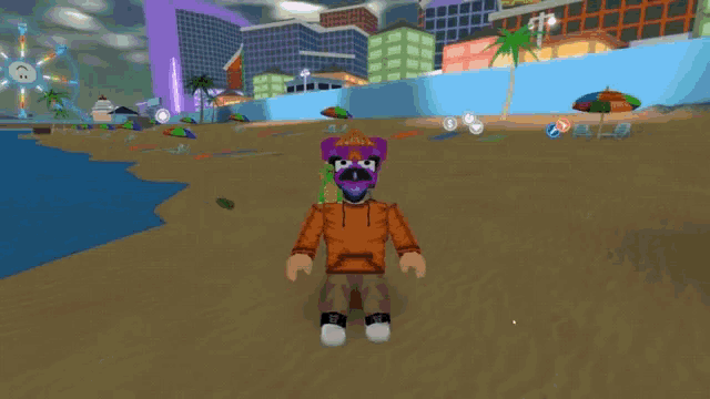 a cartoon character wearing a purple mask and an orange shirt is standing on a beach
