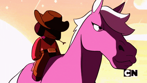 a cartoon of a cowboy riding on the back of a pink horse with the cn logo in the corner
