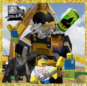 a collage of roblox characters with a hyundai crane