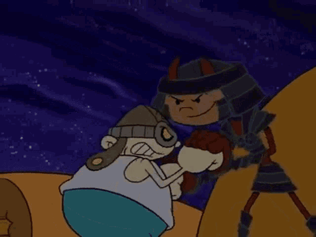 a cartoon character is giving a thumbs up next to a samurai with hearts coming out of his eyes .