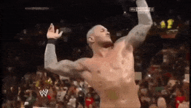 a man without a shirt is standing in front of a crowd with his arms outstretched .