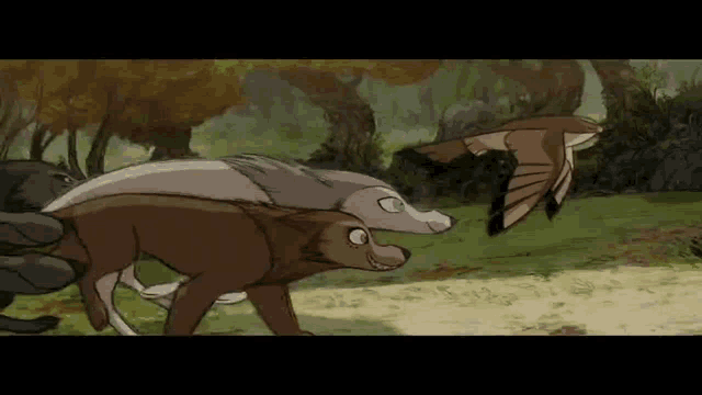 a cartoon of two wolves and a bird flying in the air .