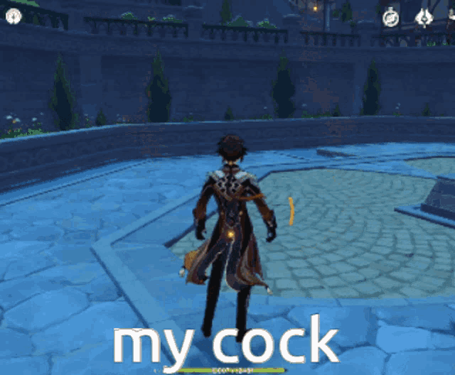 a video game character is standing on a brick floor with the words my cock on the bottom