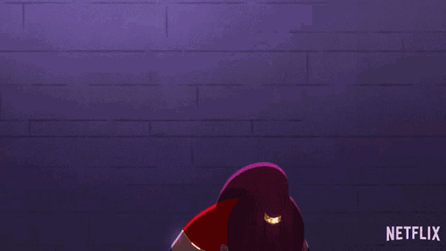 a cartoon of a woman in a red dress and black gloves with a netflix logo in the corner
