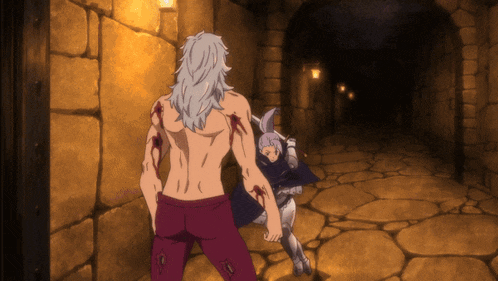 a man with blood on his back stands next to a girl