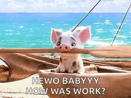 a pig is sitting in a boat on the beach with the words `` hewo babyyy how was work ? ''