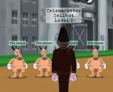 three cartoon horses are standing in front of a telemarketer sellbot level 2