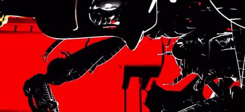 a black and white drawing of a person on a red background with a city in the background .