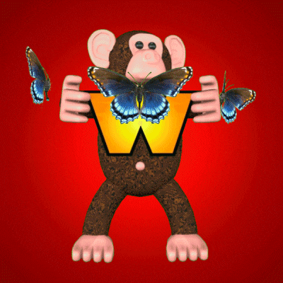 a monkey is holding a letter w with butterflies flying around it