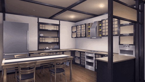 a kitchen with stainless steel appliances and wooden cabinets