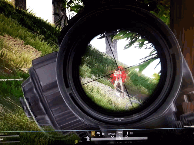 a video game screen shows a sniper aiming at a man with a red shirt on