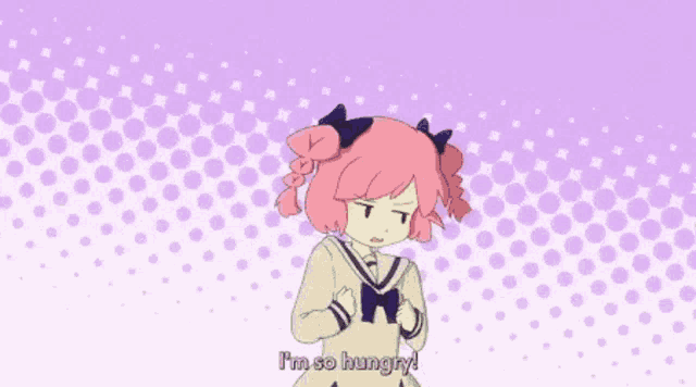 a cartoon girl with pink hair is screaming and saying i 'm so hungry