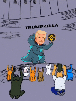 a cartoon of trump dressed as a dinosaur holding a coin