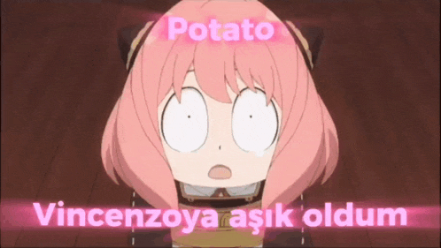 a girl with a surprised look on her face and the words potato vincentoya asik oldum