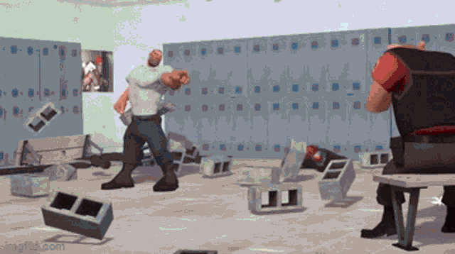 a man in a white shirt is standing in a locker room with bricks falling around him