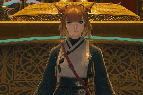 a girl with a fox ear is standing in front of a gold statue