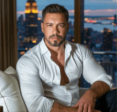 a man in a white shirt is sitting in front of a window
