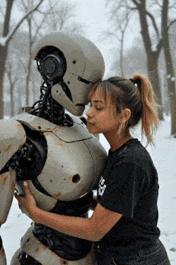 a woman in a black t-shirt holds a robot in a snowy forest