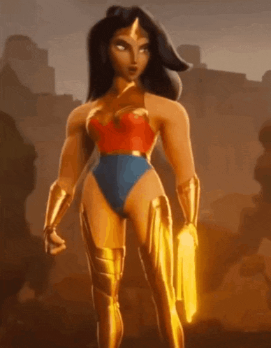 a woman in a swimsuit and gold armor is standing in front of a city holding a sword .