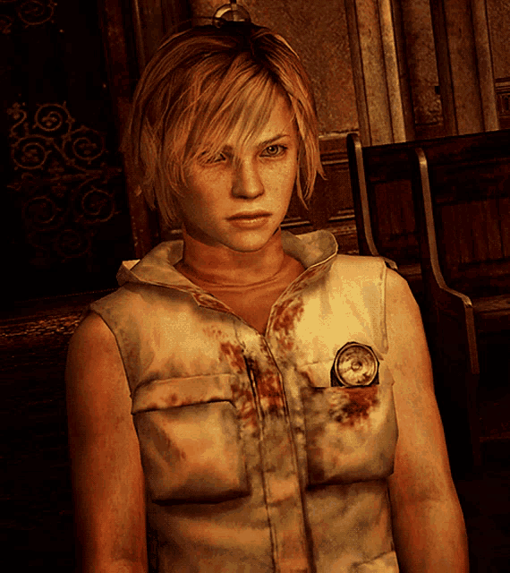 a woman wearing a white vest has a clock on her chest