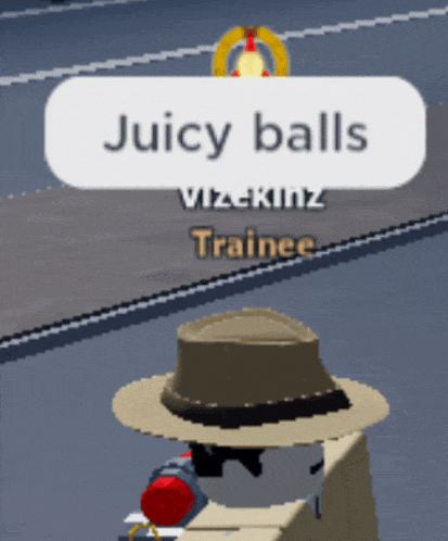 a cartoon character with a hat and a speech bubble that says " juicy balls "