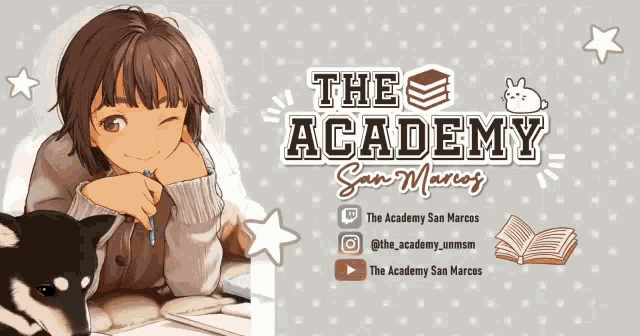 a poster for the academy san marcos with a girl and a dog on it