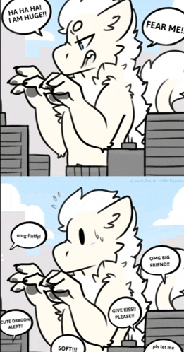 a black and white drawing of a dragon with speech bubbles that say " ha ha ha i am huge "