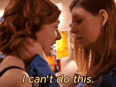 two women looking at each other with the words " i can 't do this " written below them