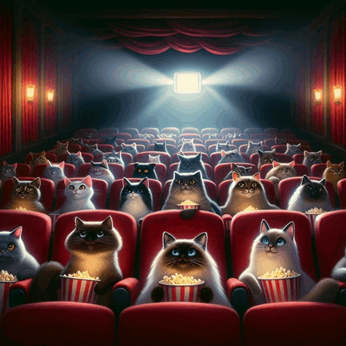 a group of cats are sitting in a theater watching a movie and eating popcorn