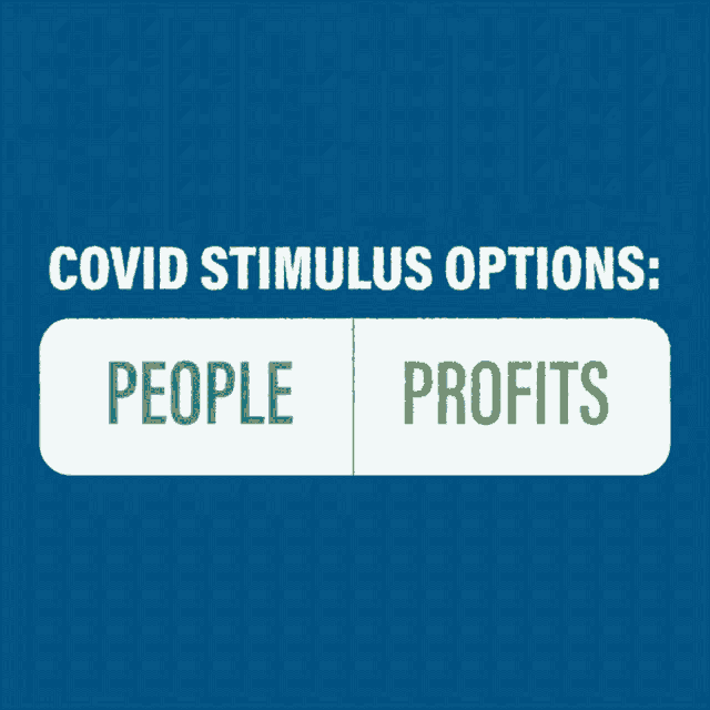 a blue background with the words covid stimulus options people profits