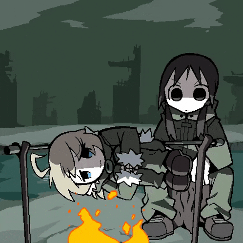 a couple of anime characters are sitting around a campfire
