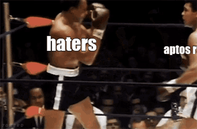 two boxers in a boxing ring with haters and aptos written on the screen