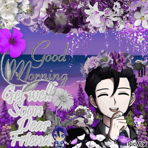 a good morning picture with purple flowers and a man