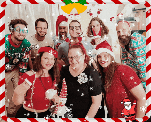 a group of people wearing santa hats and ugly christmas sweaters pose for a picture