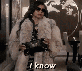 a woman in a fur coat and sunglasses is holding a black purse and says `` i know '' .