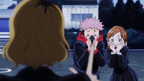 a couple of anime characters standing next to each other with one of them covering her mouth