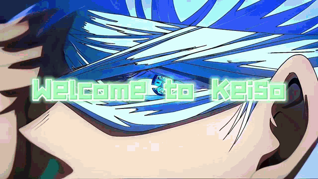 a cartoon character with blue hair and the words welcome to keisa on the bottom