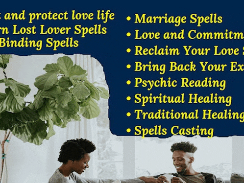 a man and a woman are sitting on a couch with a plant in the background and a list of marriage spells