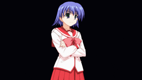 a girl with blue hair and a red skirt is pointing her finger