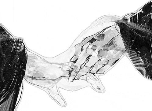 a black and white drawing of a man and woman holding hands .