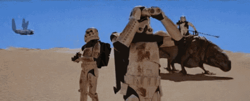 a storm trooper is looking through binoculars while another storm trooper rides a dinosaur